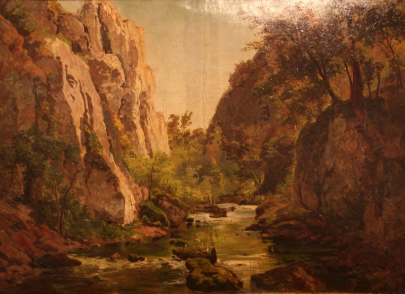 Gemälde der Düsseldorfer Malerschule zeigt die malerische Landschaft des Neandertals vor dem Kalkabbau.